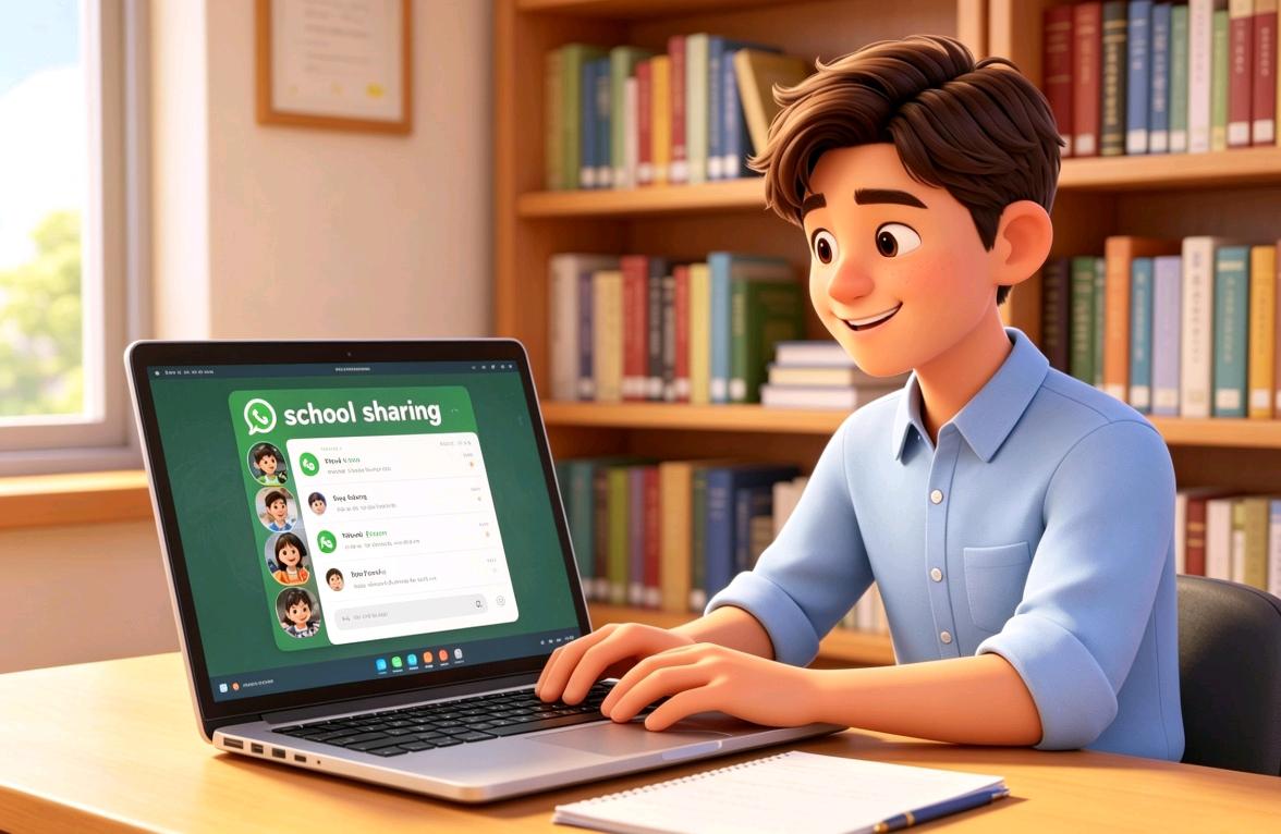 Ilustrasi 3D bergaya animasi hangat menampilkan seorang pemuda berambut cokelat dengan kemeja biru muda yang sedang tersenyum bahagia saat belajar di depan laptopnya. Ia duduk di meja kayu berlatar belakang rak buku besar penuh warna yang rapi. Di layar laptop, terbuka aplikasi chat hijau berlabel 'school sharing' dengan foto profil anak-anak yang sedang berinteraksi. Suasana ruangan tampak hangat disinari cahaya matahari lembut dari jendela di sebelah kiri.